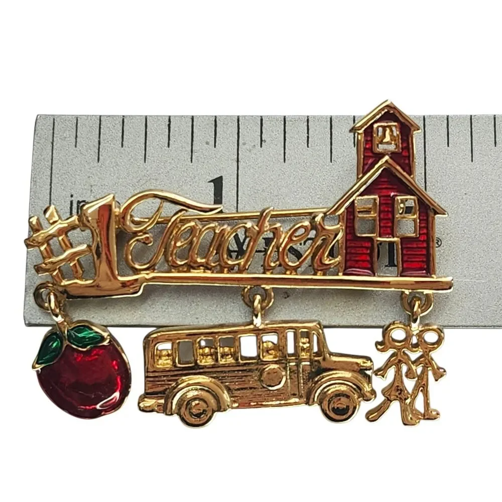 #1 Teacher School Brooch Lapel Pin 3 Charms Apple Bus Kids Gold Red Vintage 80s